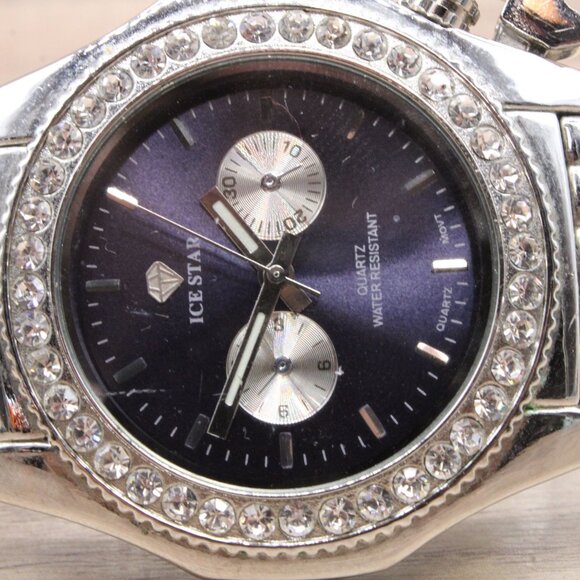 ICE STAR Chronograph Watch Mens Silver Tone Stainless Steel Rhinestones Dial - Picture 7 of 9
